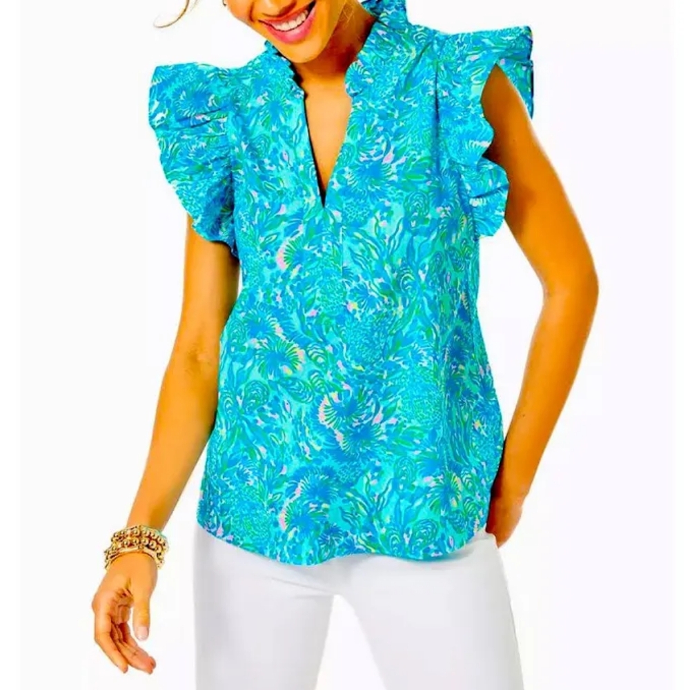 Lilly Pulitzer Klaudie Ruffle Sleeve Top in Surf Blue Coral of the Story…